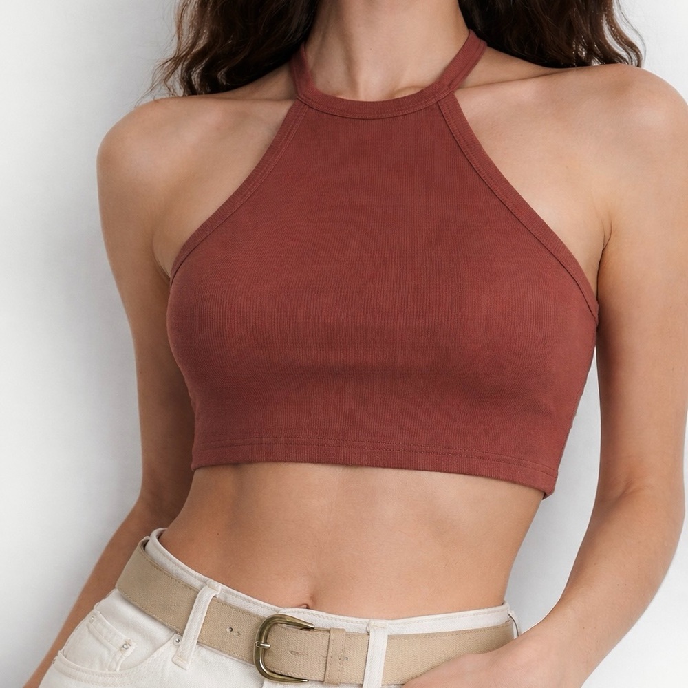 Commense Ribbed Cropped Halter Top Light wash Brown Size Large